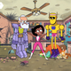 Teen Titans Go's animated Elasti-Girl breaks up a fight between The Chief and Robot Man, as Beast Boy and Invisible Girl look on.